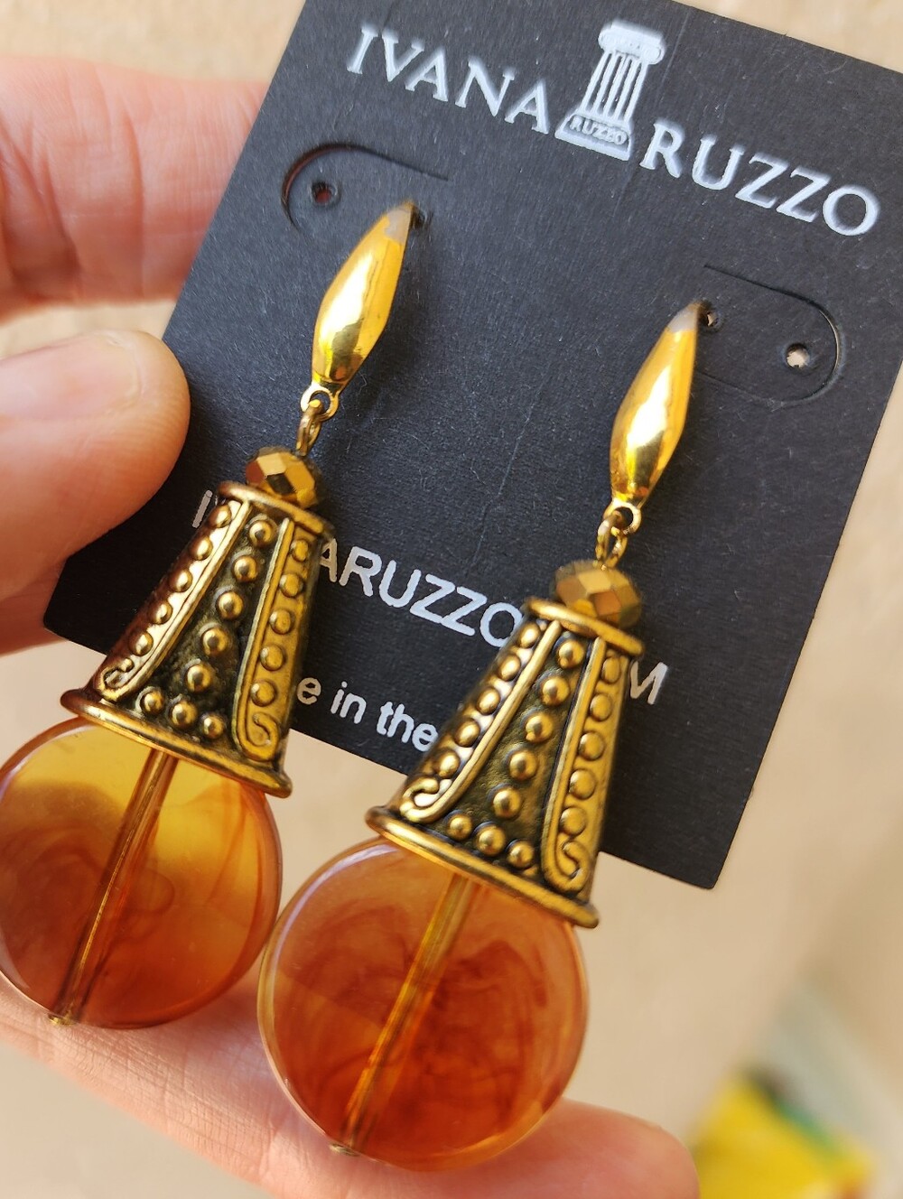 ❤️ Dangling Gold Earrings Resin Amber Honey Color Beads Hypoallergenic Hooks - Picture 9 of 11